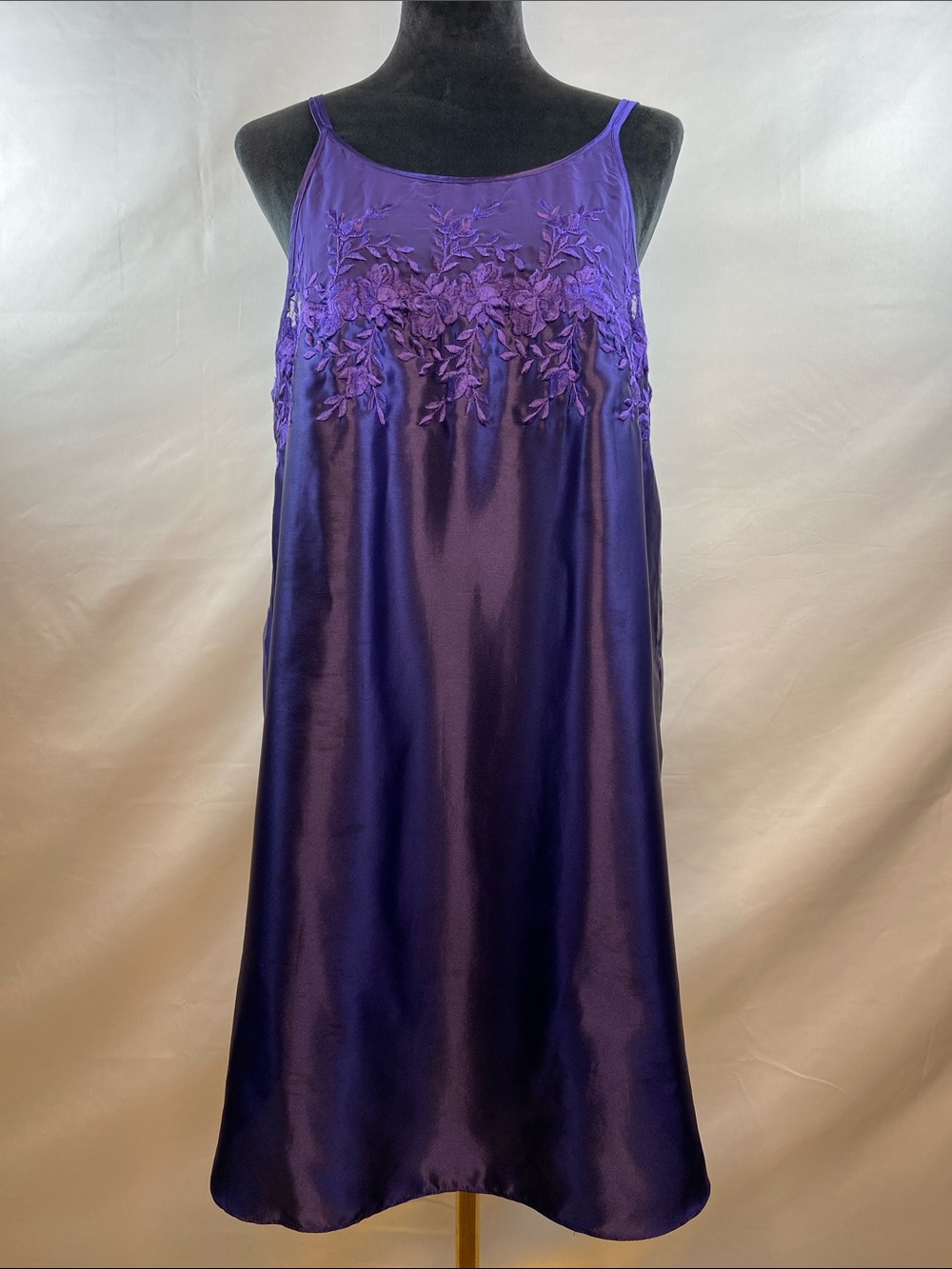 Vintage Purple Satin Slip Dress Sheer Embroidered Floral Lace Nightgown